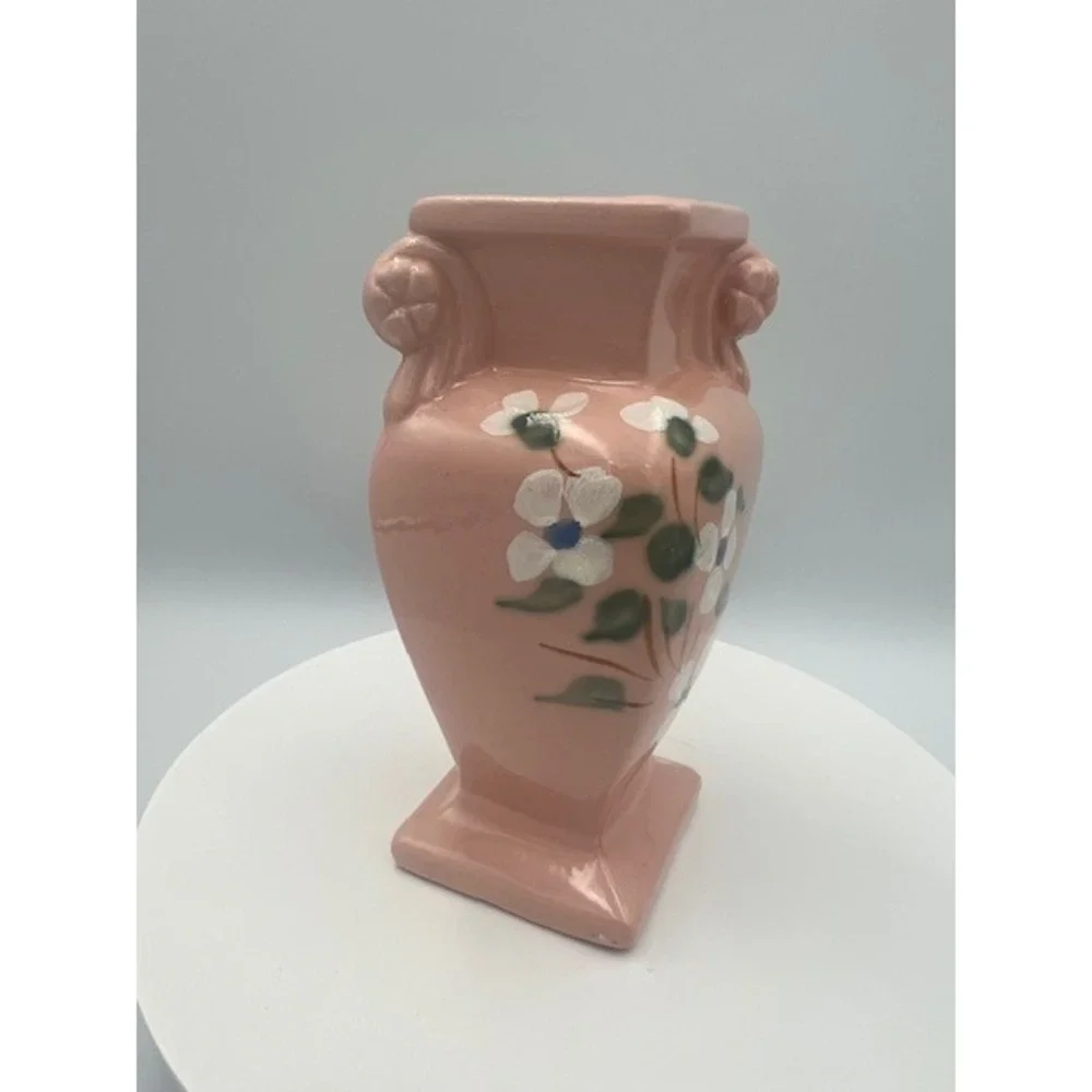 Vintage R.R.P. Co Roseville Ohio Pink Ceramic Bud Vase Hand Painted Floral 5.5